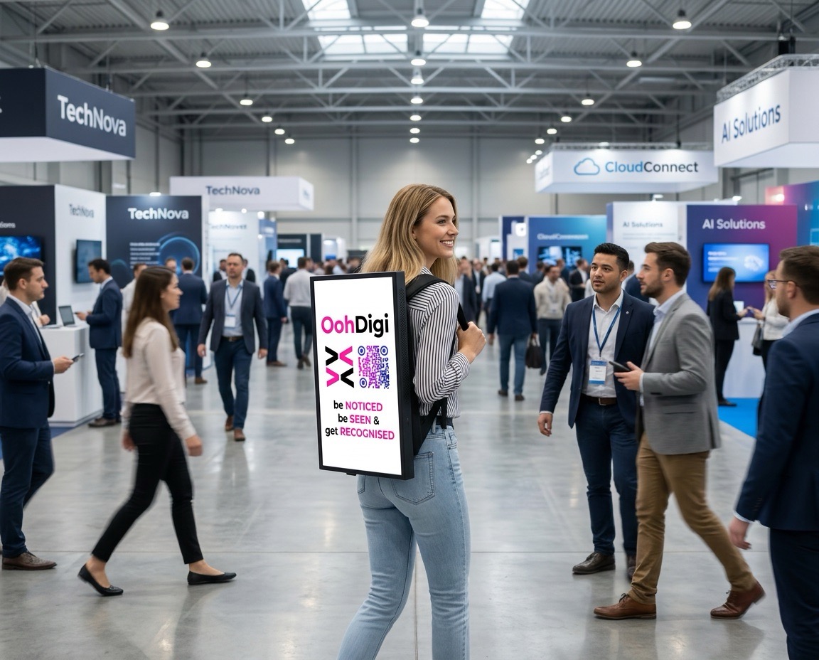 OohDigi walker with digital backpack screen at a conference venue